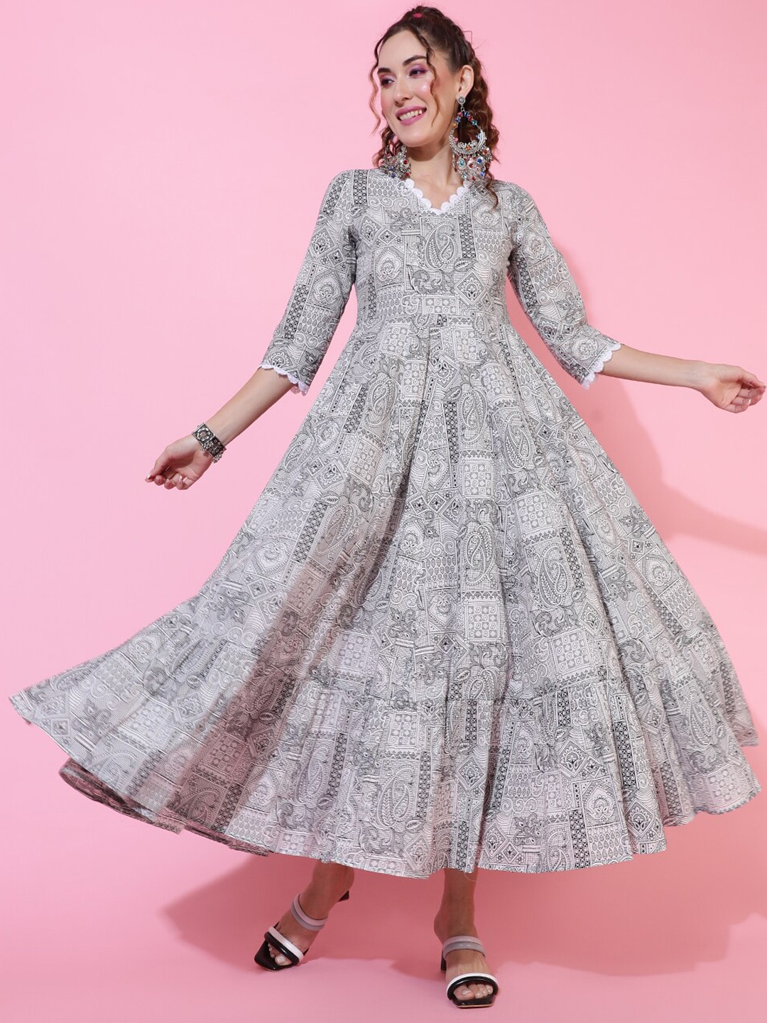 GULMOHAR JAIPUR Ethnic Motifs Printed Cotton Fit & Flare Ethnic Dress, Black