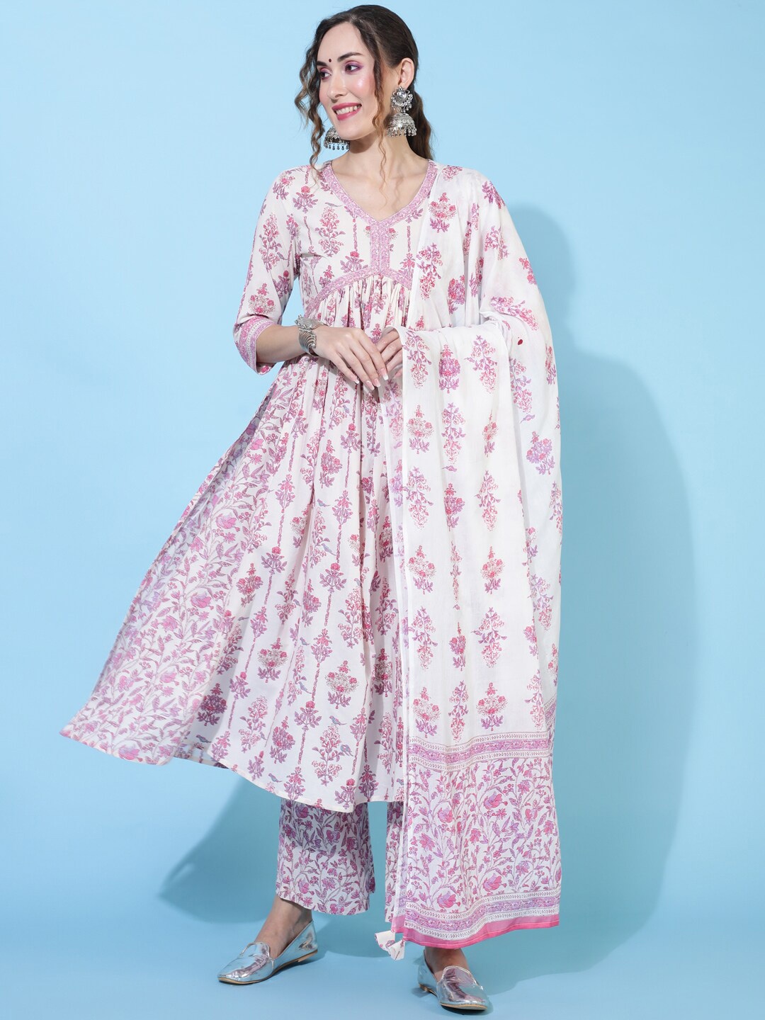 

GULMOHAR JAIPUR Floral Printed Pure Cotton Anarkali Kurta & Palazzos With Dupatta, Pink