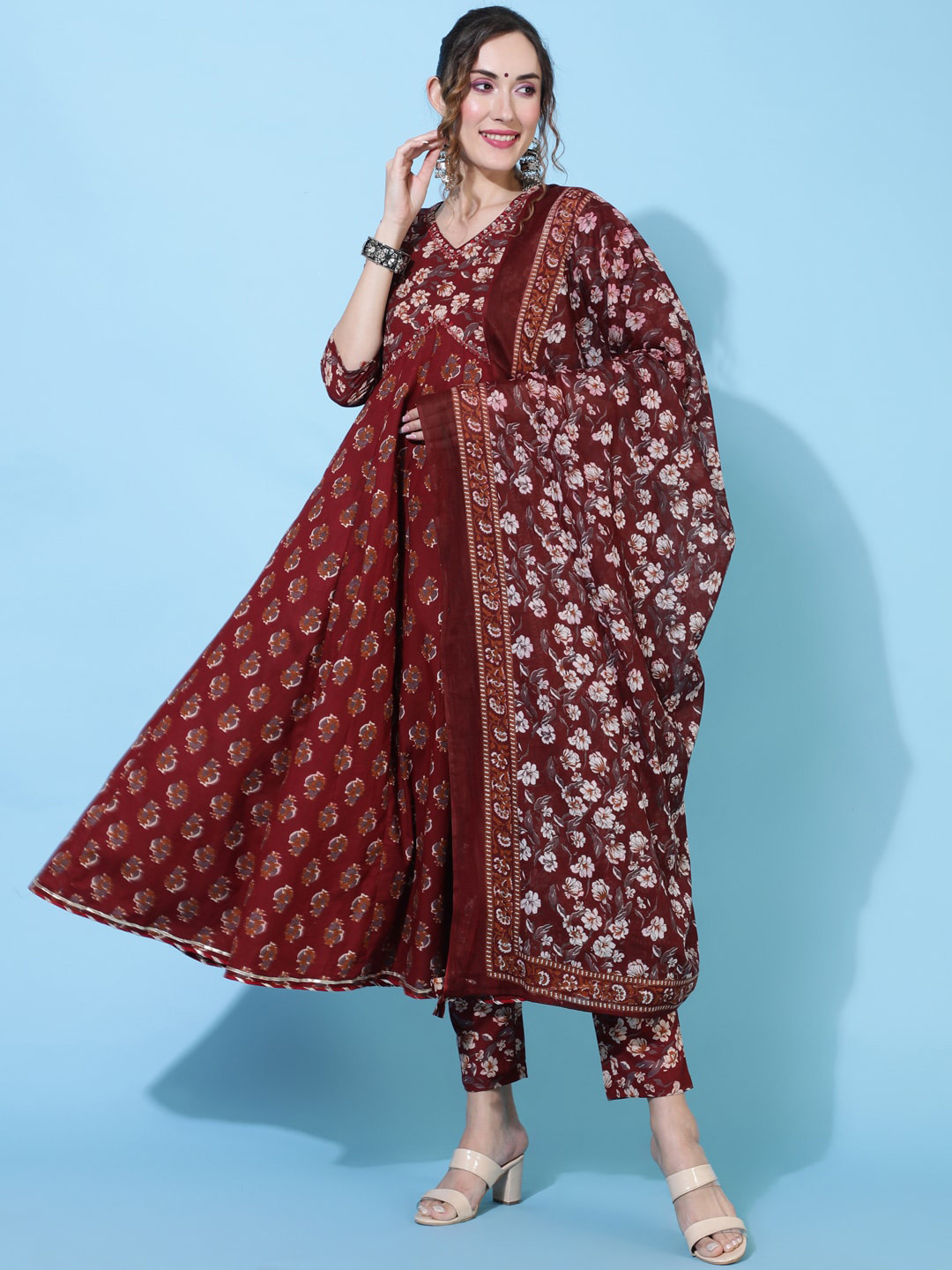 

GULMOHAR JAIPUR Ethnic Motifs Printed Pure Cotton Anarkali Kurta & Trouser With Dupatta, Maroon
