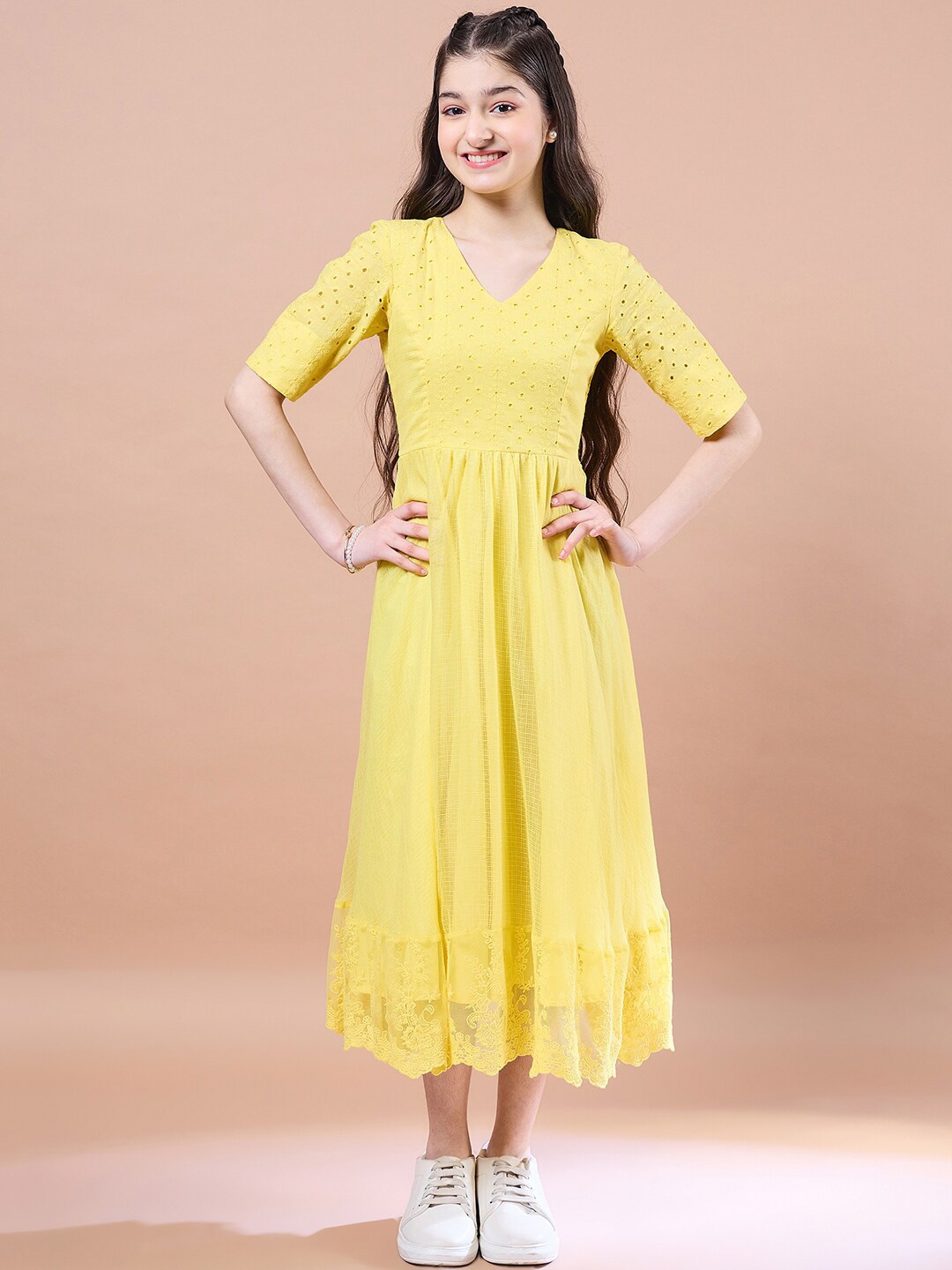 

pspeaches Girls Cotton V-Neck Short Sleeves Fit & Flare Midi Dress, Yellow