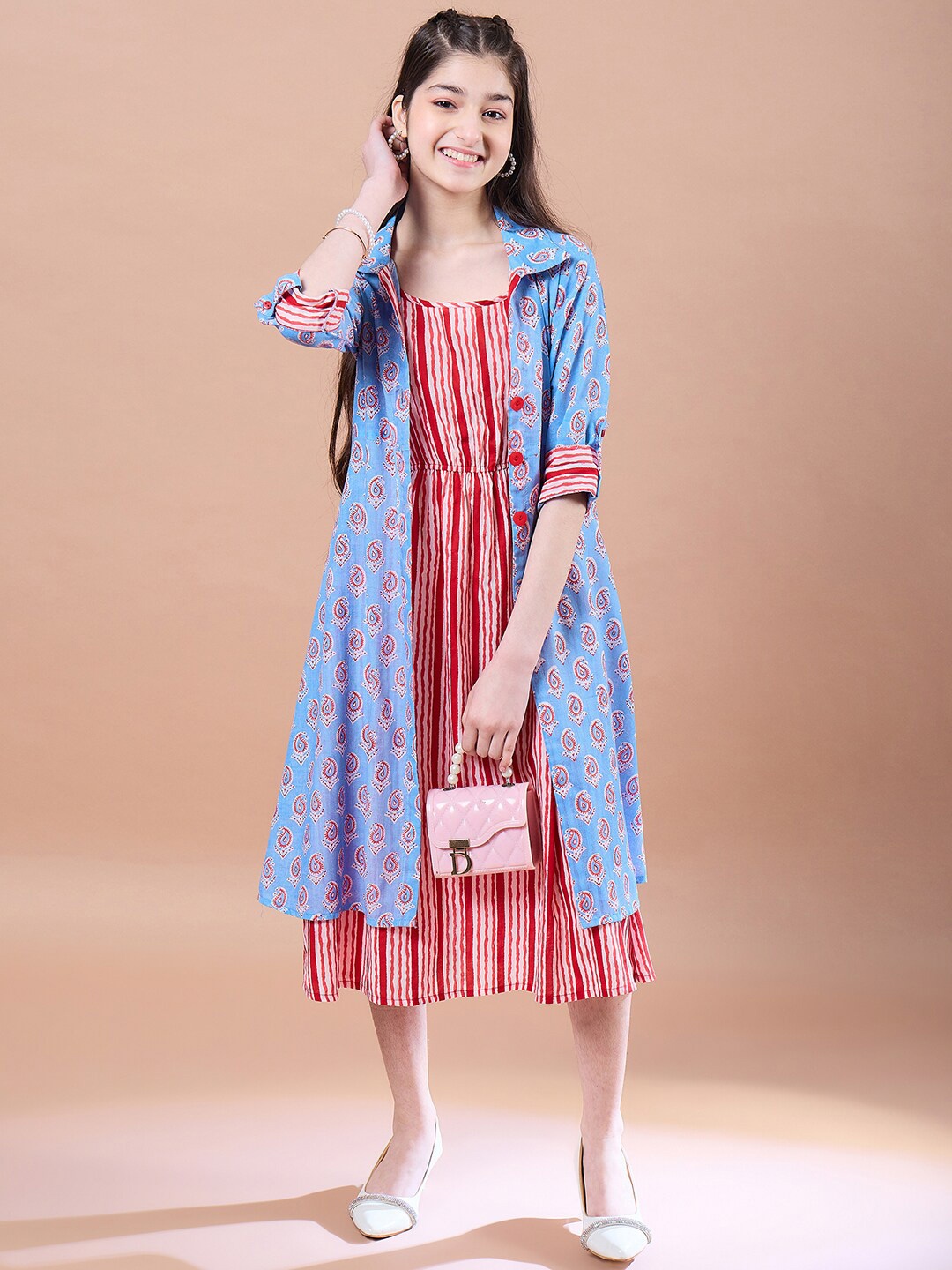 

pspeaches Girls Ethnic Motifs Print Cotton Round Neck A-Line Midi Dress With Shrug, Blue