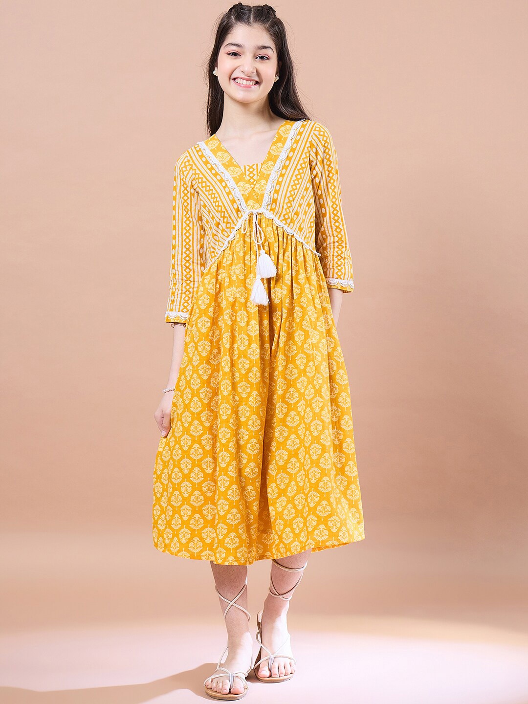 

pspeaches Girls Ethnic Motifs Print Cotton V-Neck A-Line Midi Dress, Yellow