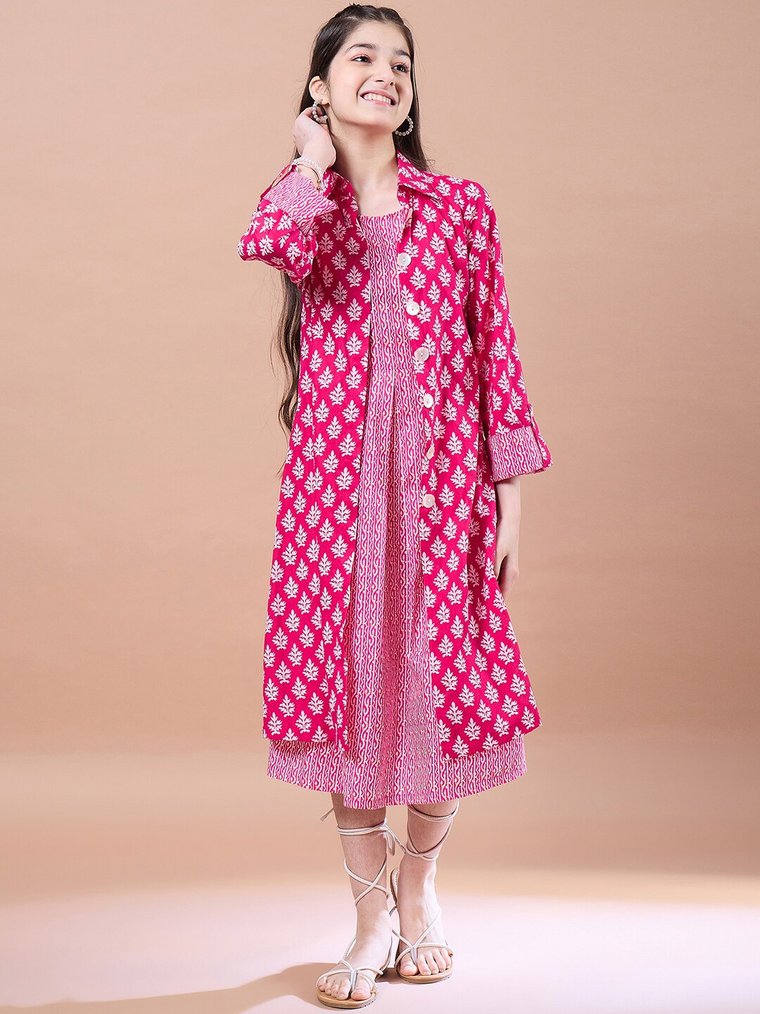 

pspeaches Girls Ethnic Motifs Print A-Line Cotton Midi Dress, Magenta