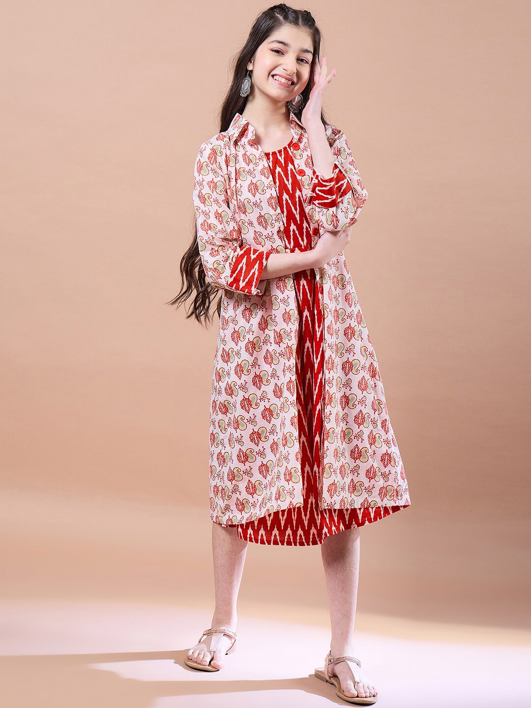 

pspeaches Girls Floral Print Round Neck A-Line Cotton Midi Dress, Red