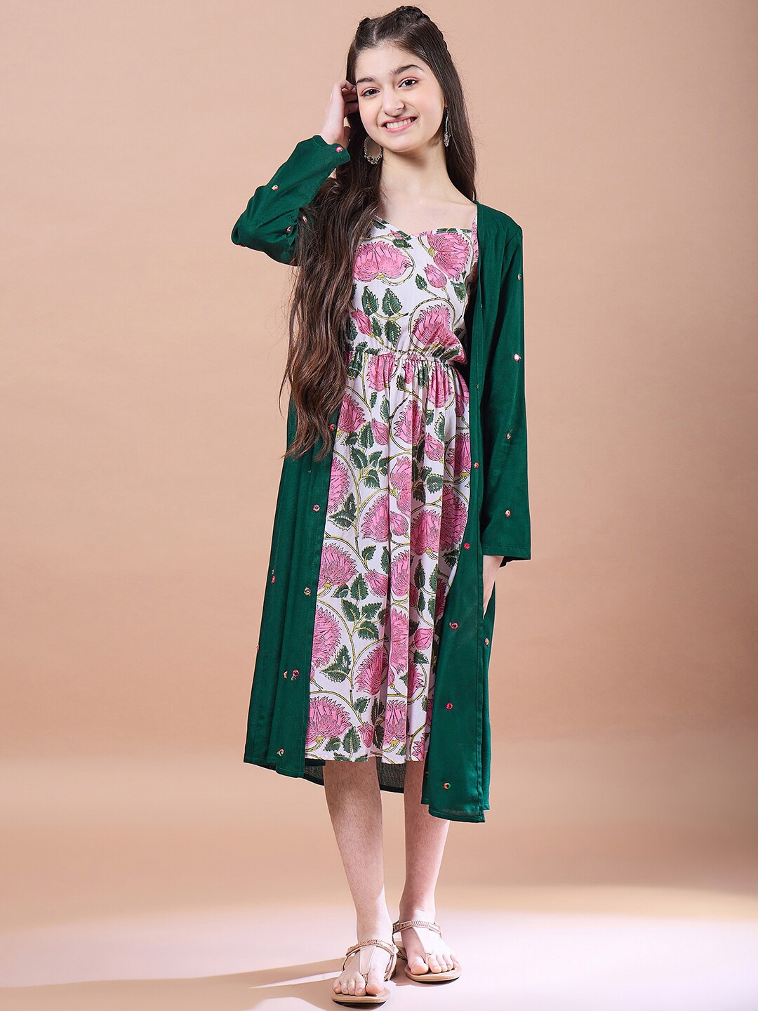 

pspeaches Girls Floral Print Square Neck Empire Cotton Midi Dress, Green