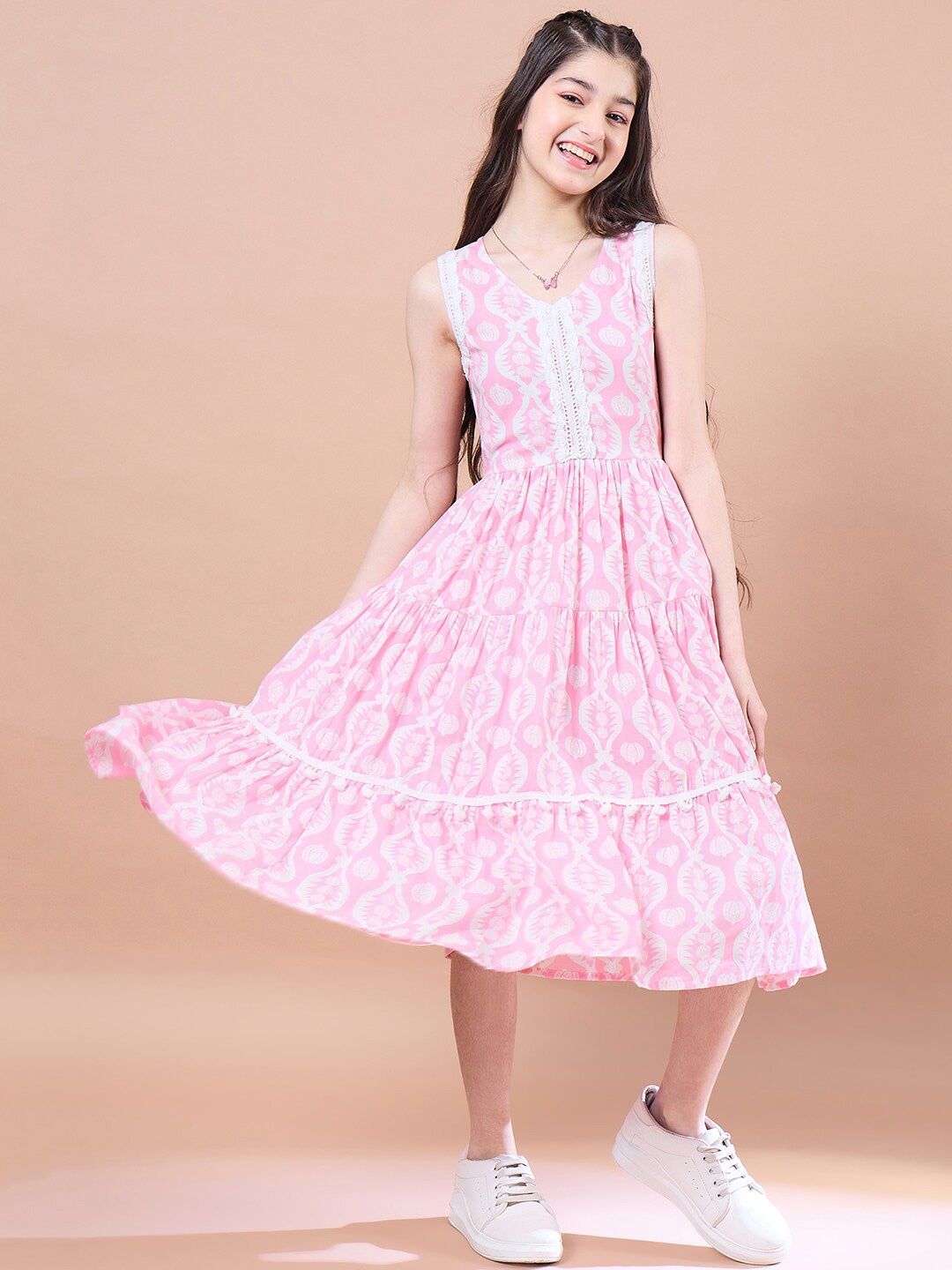 

pspeaches Floral Print Fit & Flare Cotton Midi Dress, Pink