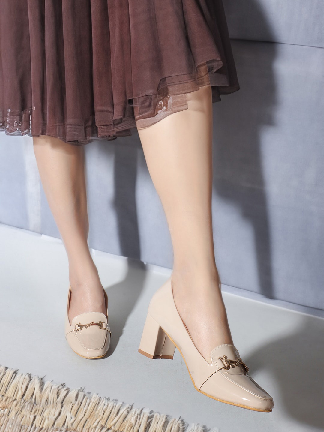 

ICONICS Embellished Block Heel Pumps, Beige