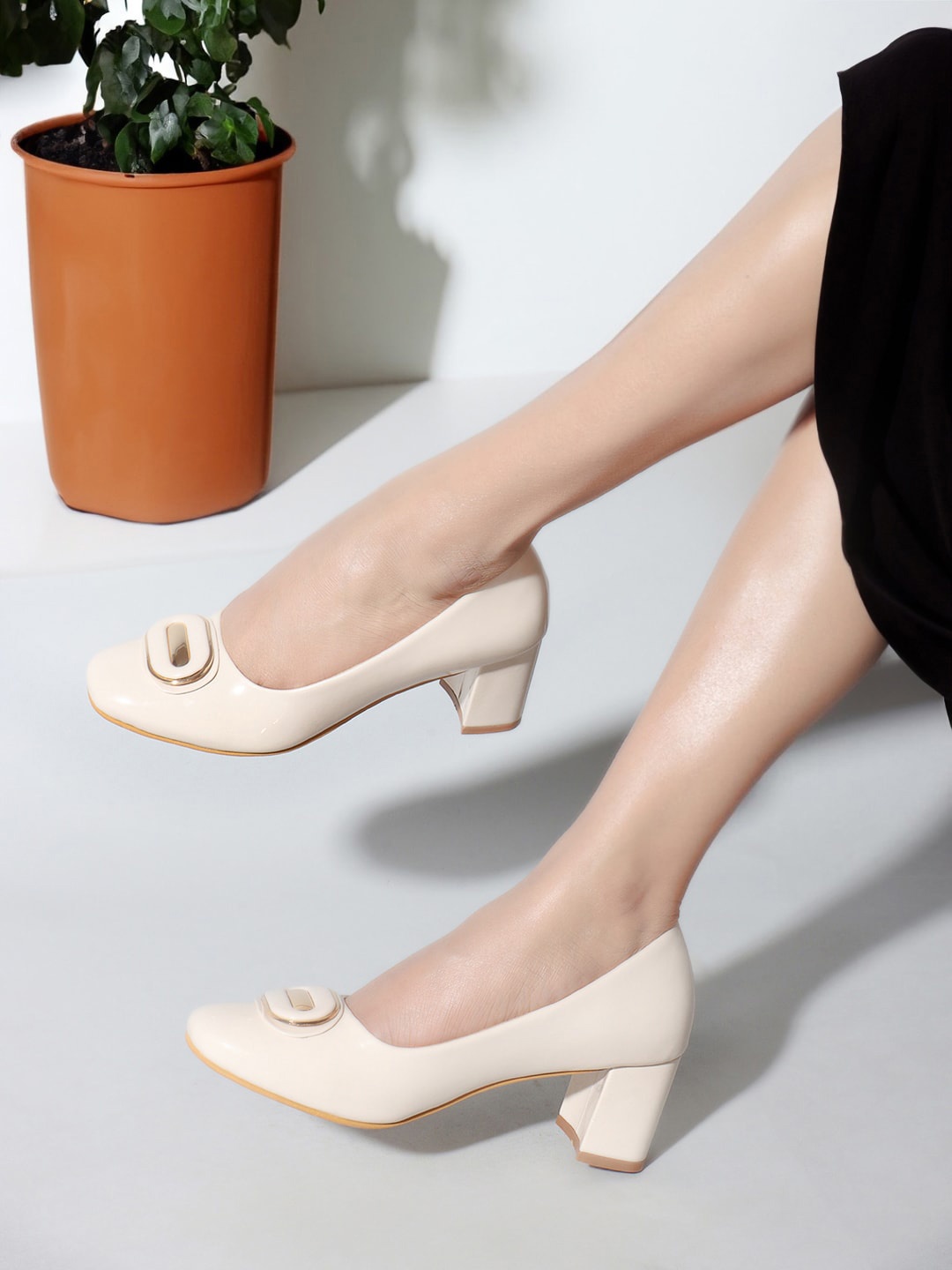 

ICONICS Embellished Block Heel Pumps, Cream