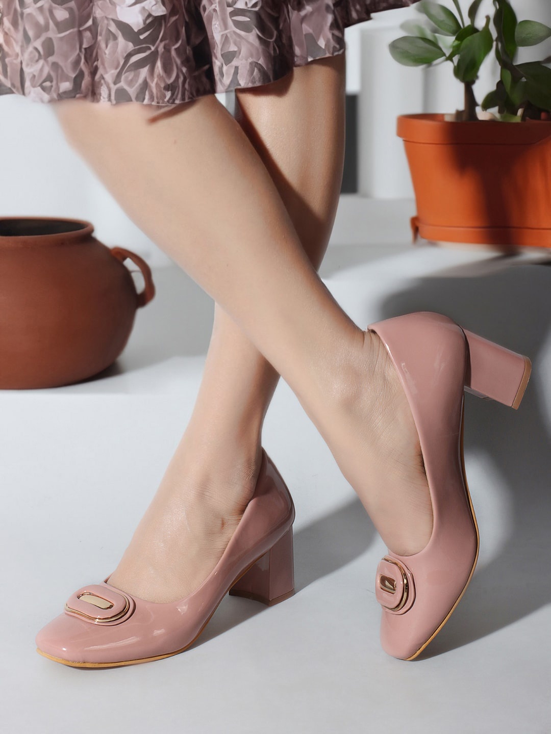 

ICONICS Embellished Block Heel Pumps, Peach