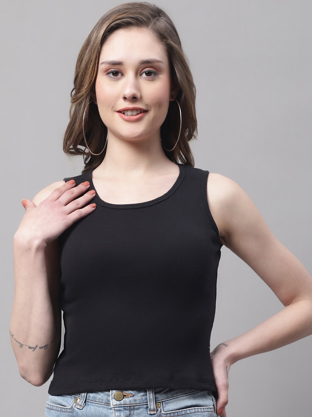 

FBAR Round Neck Sleeveless Fitted Crop Top, Black