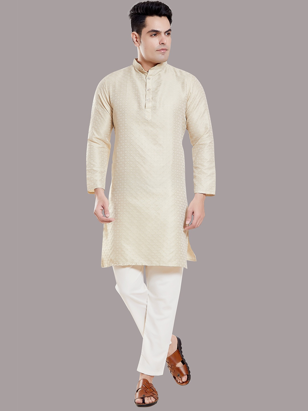 

Rani Saahiba Ethnic Woven Design Straight Kurta, Beige