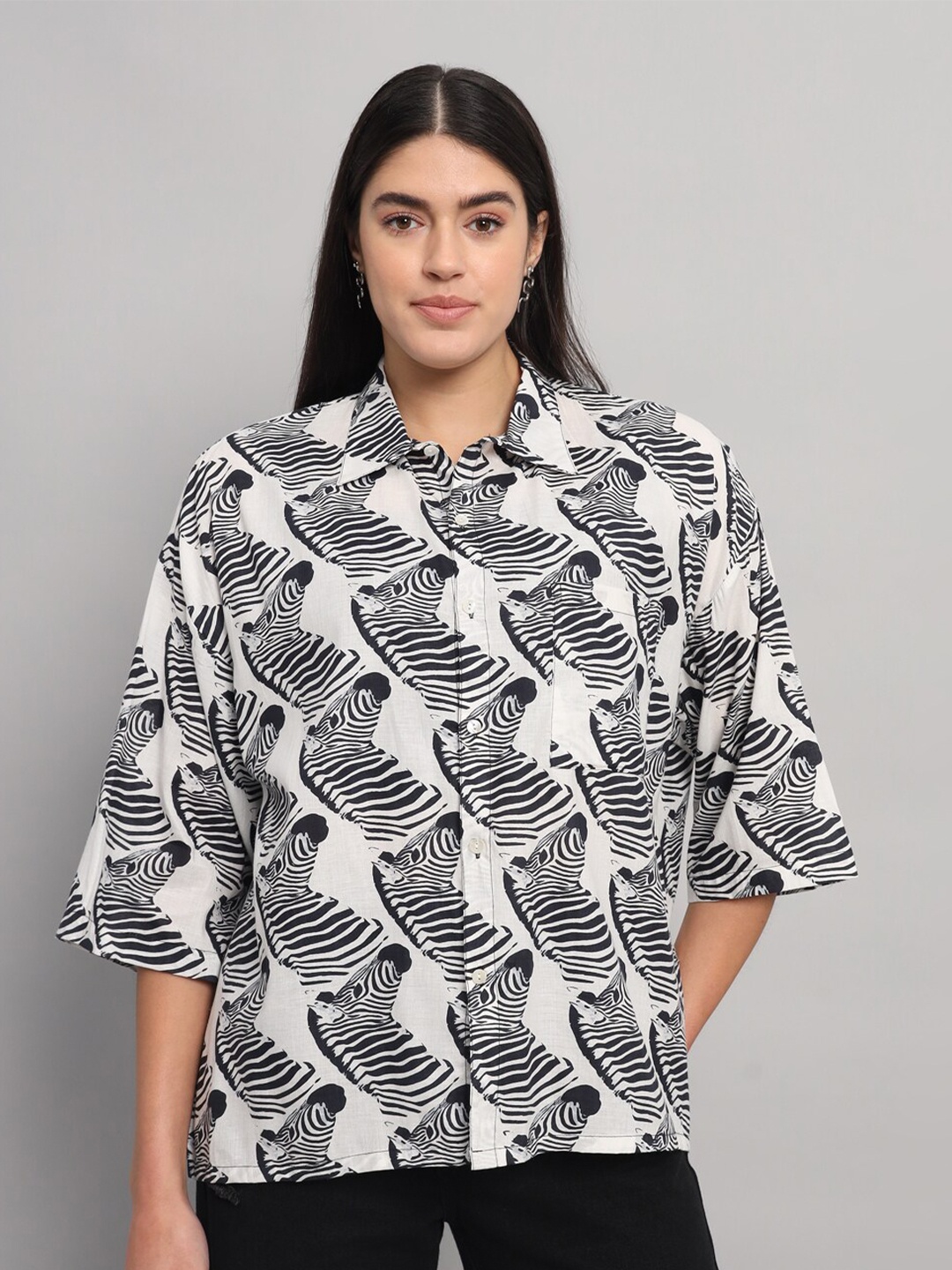 

HANDICRAFT PALACE Comfort Opaque Printed Pure Cotton Oversized Casual Shirt, White