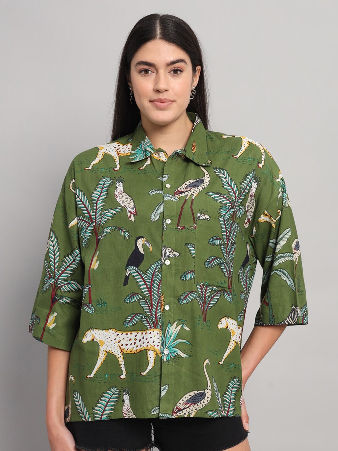 

HANDICRAFT PALACE Comfort Floral Printed Opaque Pure Cotton Oversized Casual Shirt, Green