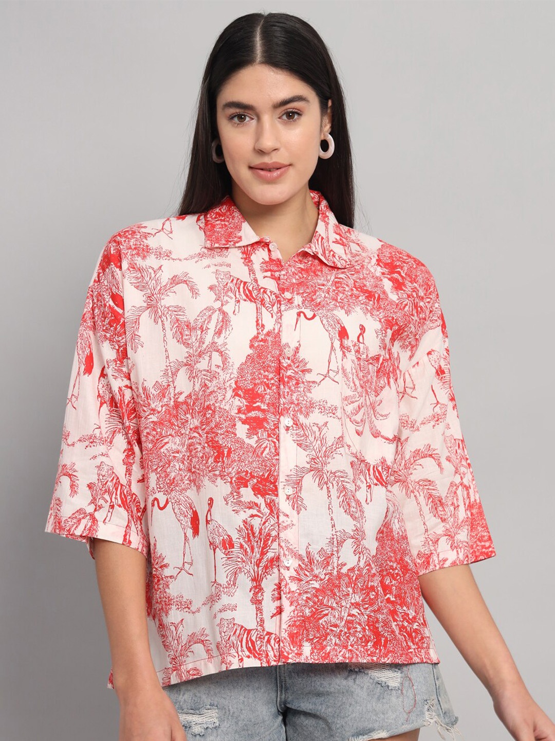 HANDICRAFT PALACE Comfort Floral Printed Opaque Pure Cotton Casual Shirt, White