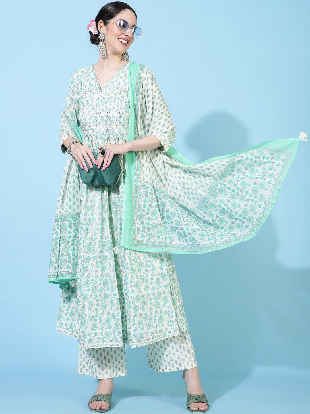 

GULMOHAR JAIPUR Floral Printed Pure Cotton A-Line Kurta & Palazzo With Dupatta, White