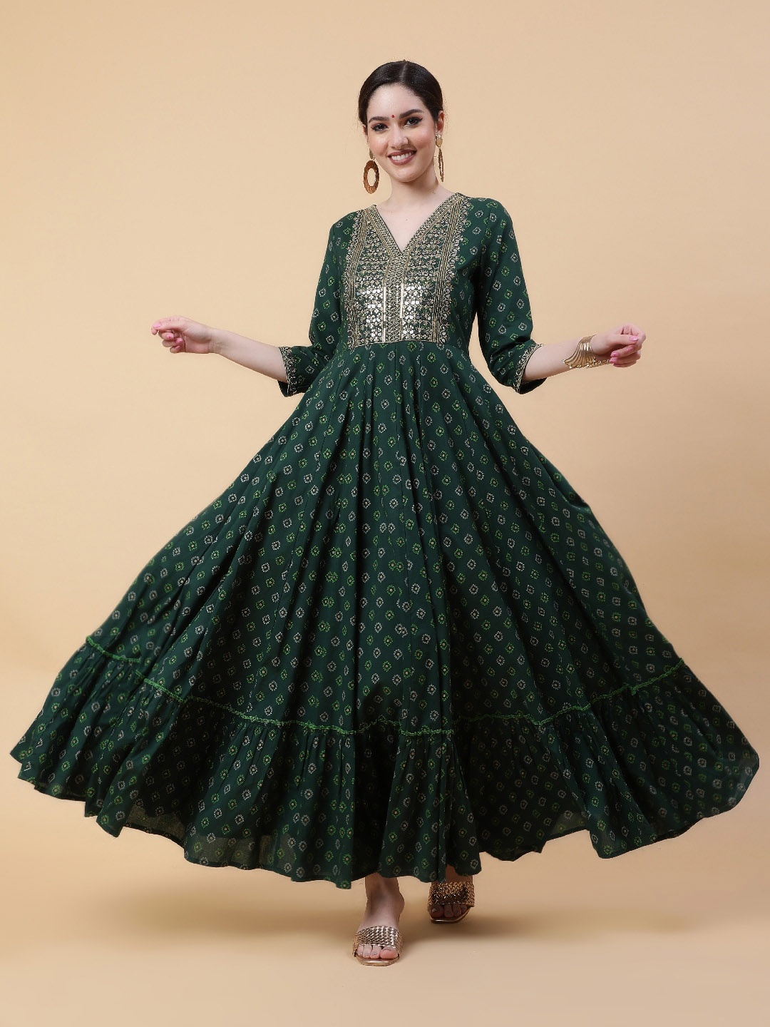 

GULMOHAR JAIPUR Ethnic Motifs Printed Maxi Ethnic Dress, Green