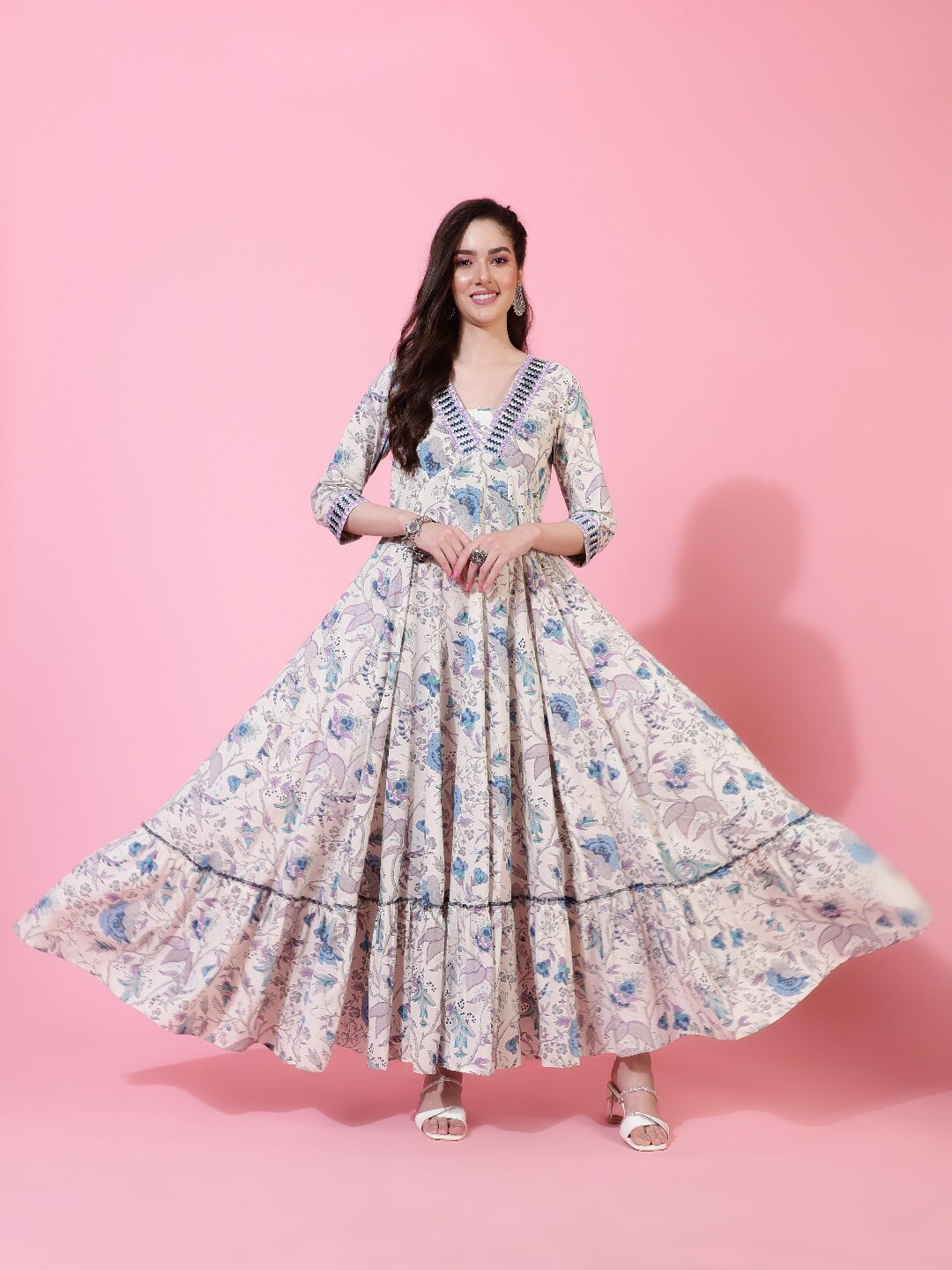 

GULMOHAR JAIPUR Floral Printed Cotton Maxi Ethnic Dress, White