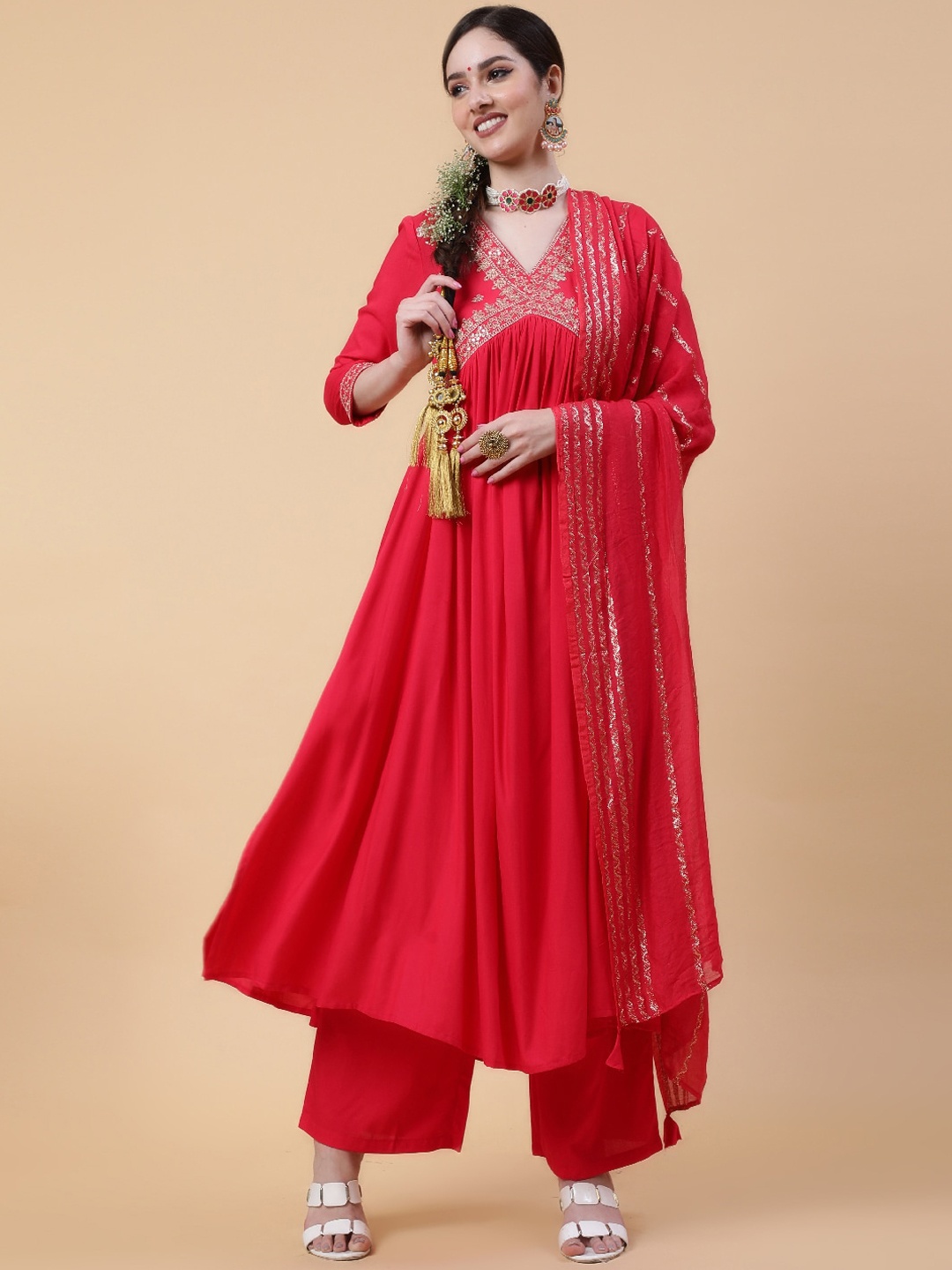 

GULMOHAR JAIPUR Ethnic Motif Yoke Design Thread Work Anarkali Kurta & Palazzo With Dupatta, Coral