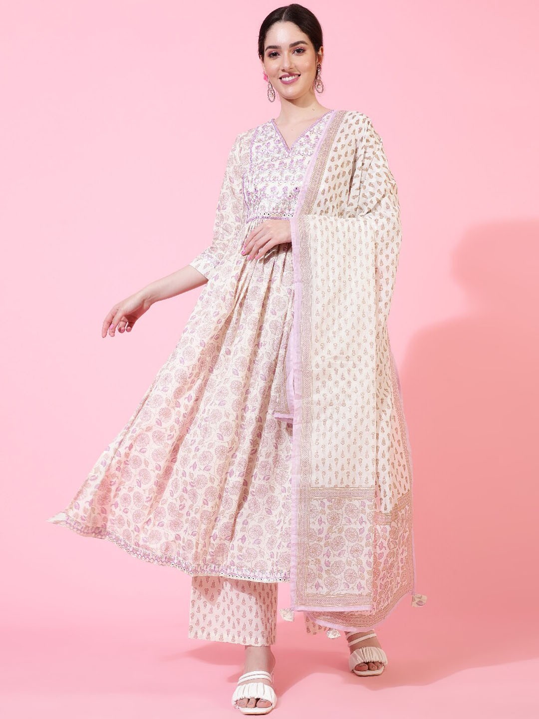 

GULMOHAR JAIPUR Floral Printed Pure Cotton A-Line Kurta & Palazzo With Dupatta, Off white
