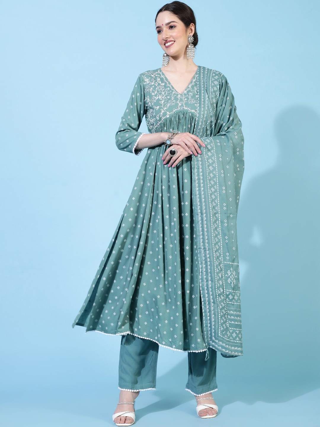 

GULMOHAR JAIPUR Ethnic Motifs Printed Mirror Work A-Line Kurta & Trouser With Dupatta, Grey