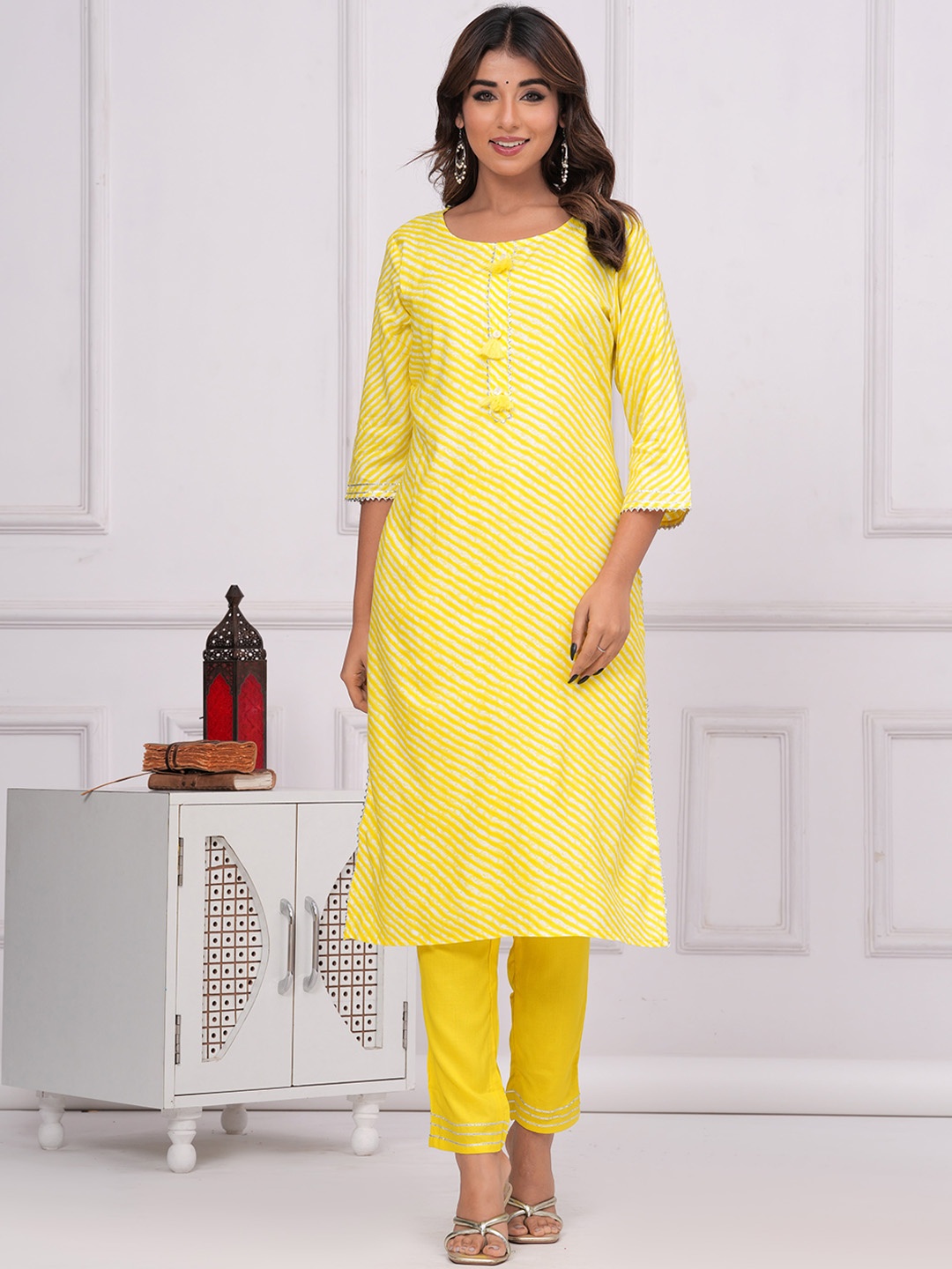 

KALINI Striped Regular Gotta Patti Round Neck A-Line Kurta with Trousers & Dupatta, Mustard