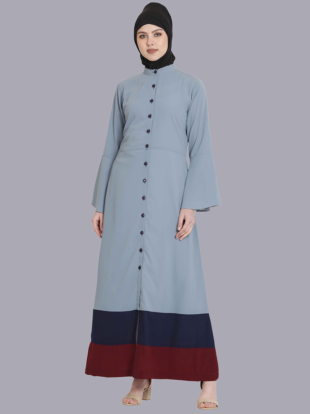

MOMIN LIBAS Band Collar Front Open Abaya Burqa, Grey