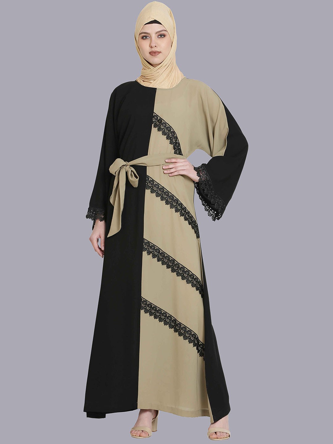 

MOMIN LIBAS Round Neck Colour Block Abaya Burqa, Black