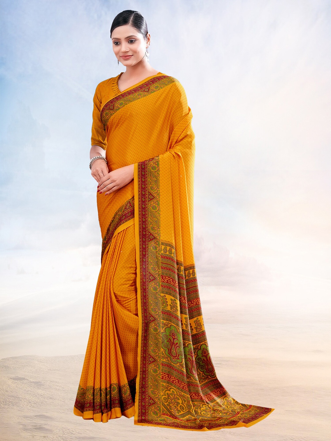 

Kasak Floral Printed Saree, Mustard