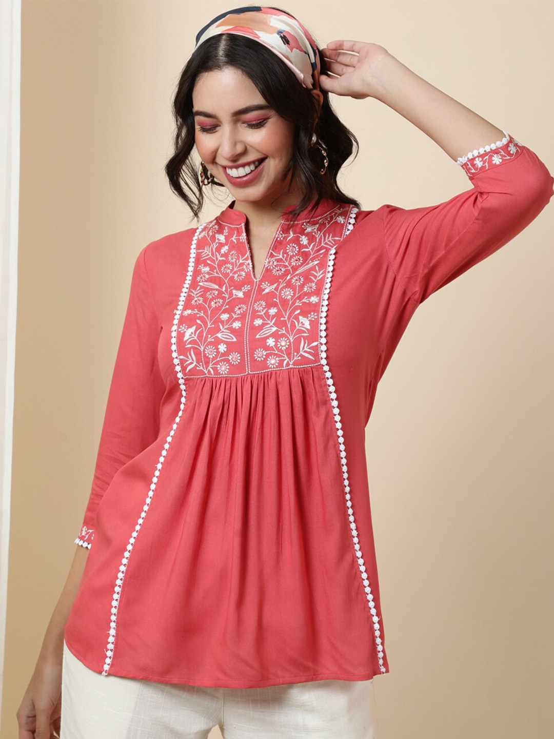 

GULMOHAR JAIPUR Floral Embroidered Mandarin Collar Top, Peach