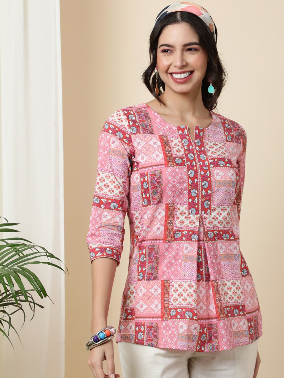 

GULMOHAR JAIPUR Ethnic Motifs Print Round Neck Cotton Top, Pink