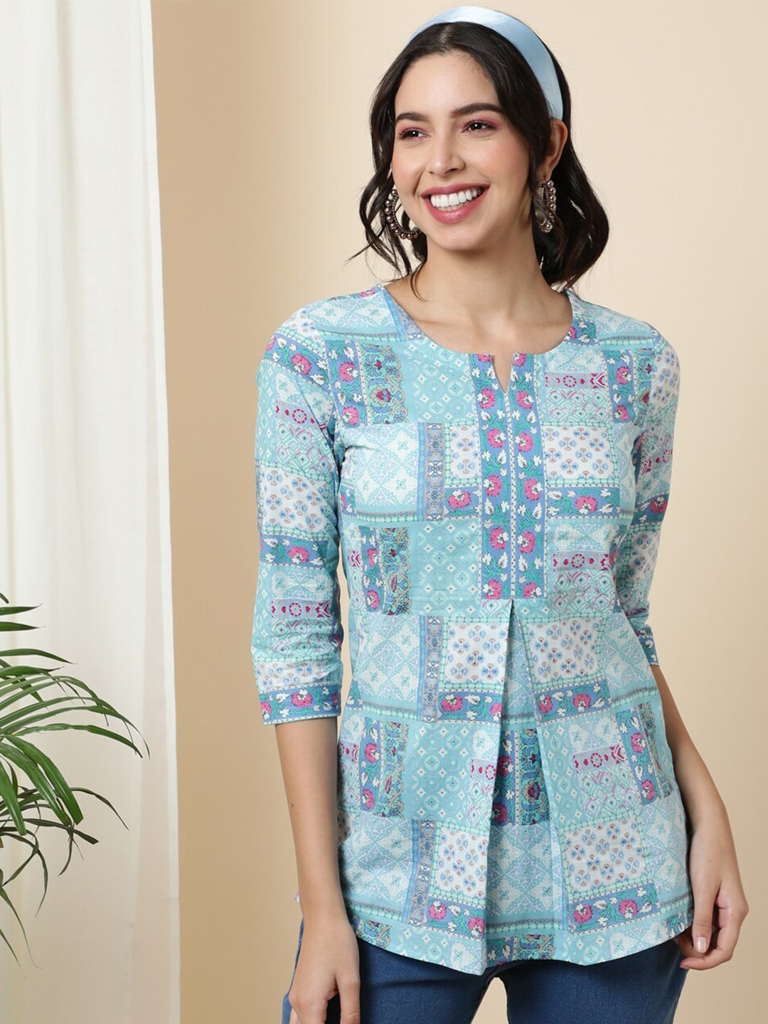 

GULMOHAR JAIPUR Floral Print Round Neck Cotton Top, Blue