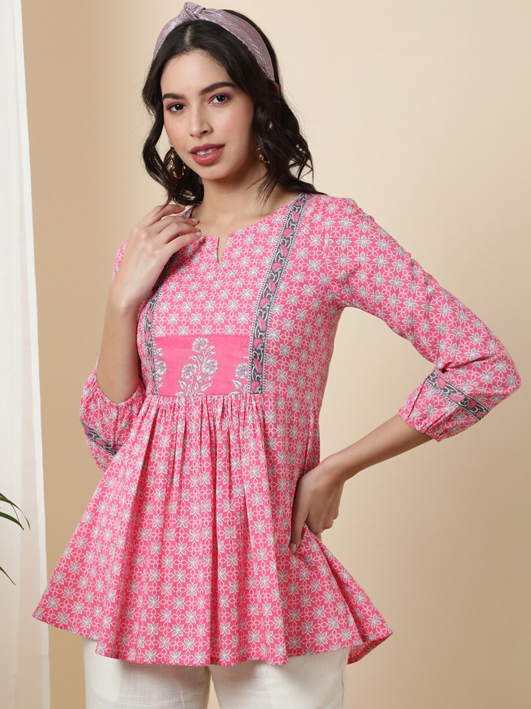 

GULMOHAR JAIPUR Floral Print Notch Neck Cotton Top, Pink