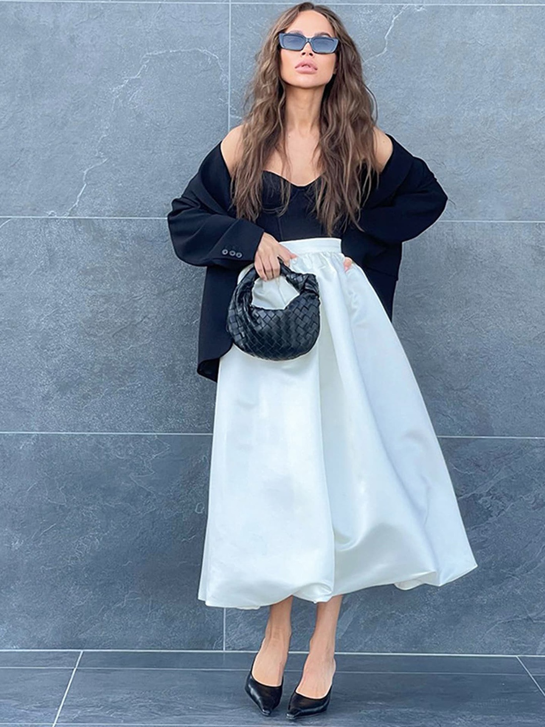 

LULU & SKY High-Rise Flared Midi Skirt, White