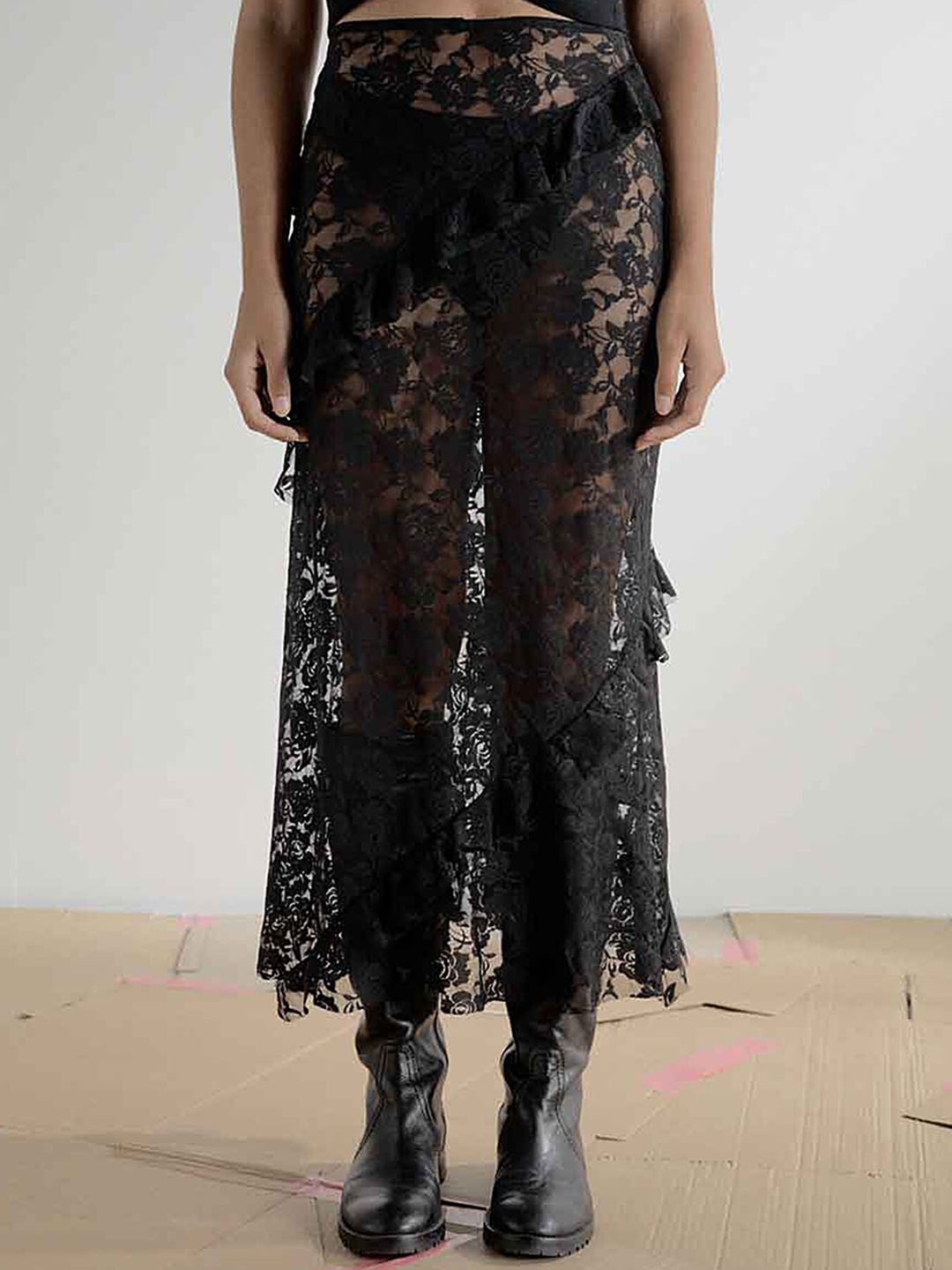 

LULU & SKY Flora Self-Design Flared Maxi Skirt, Black