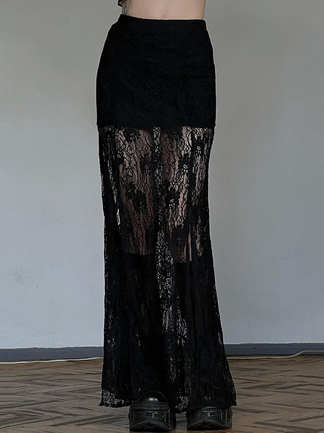 

LULU & SKY Self-Designed Sheer Flared A-Line Maxi Skirt, Black