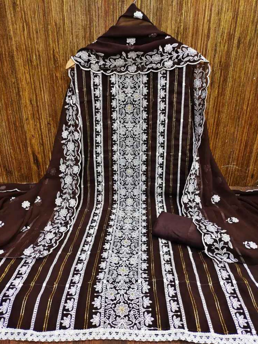 

faxofabFloral Printed Embroidered Unstitched Dress Material, Brown