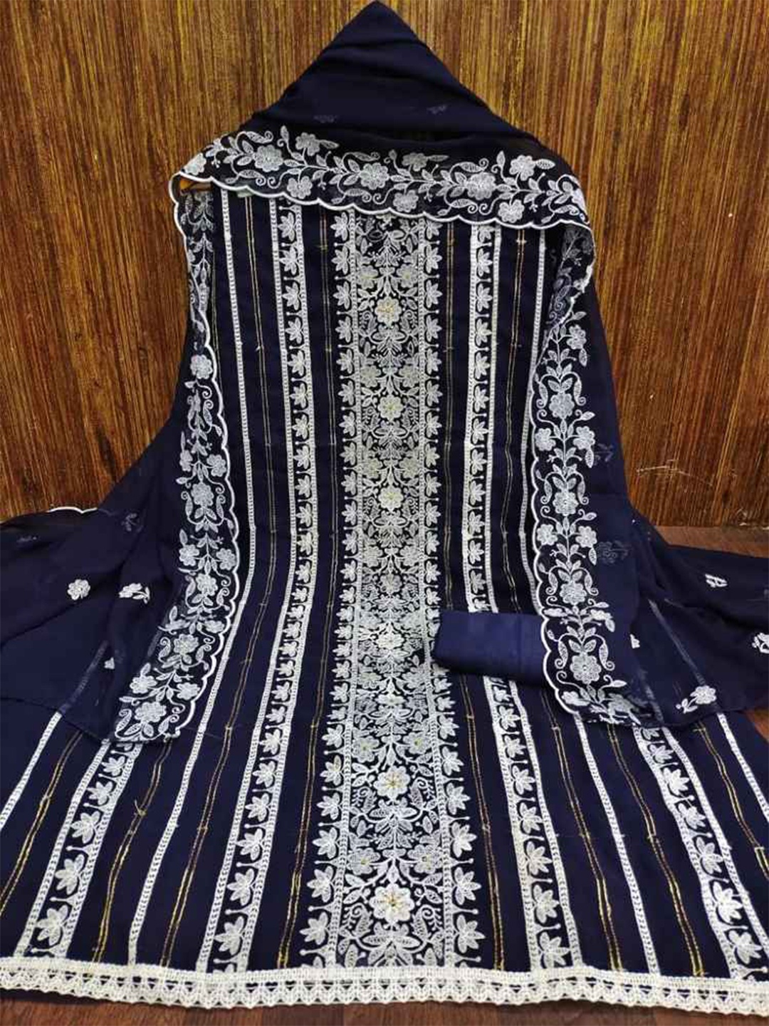 

faxofab Embroidered Unstitched Dress Material, Navy blue