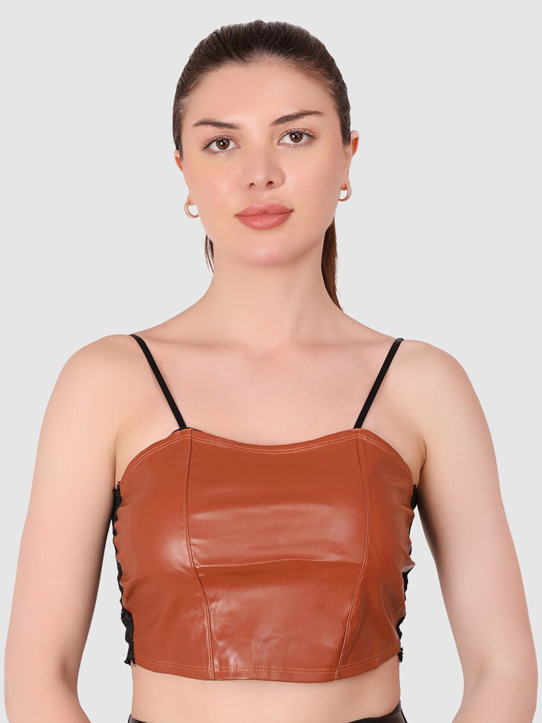 

BRACHY Shoulder Strap Leather Bralette Crop Top, Brown