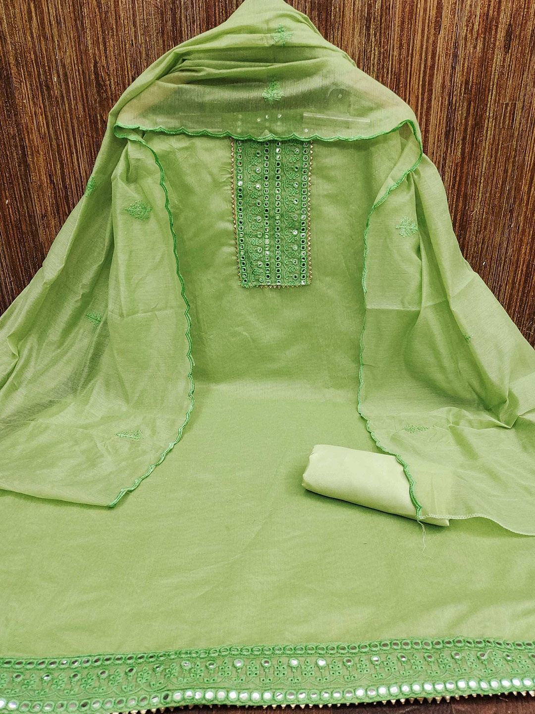 Panzora Floral Embroidered Mirror Work Unstitched Dress Material, Green