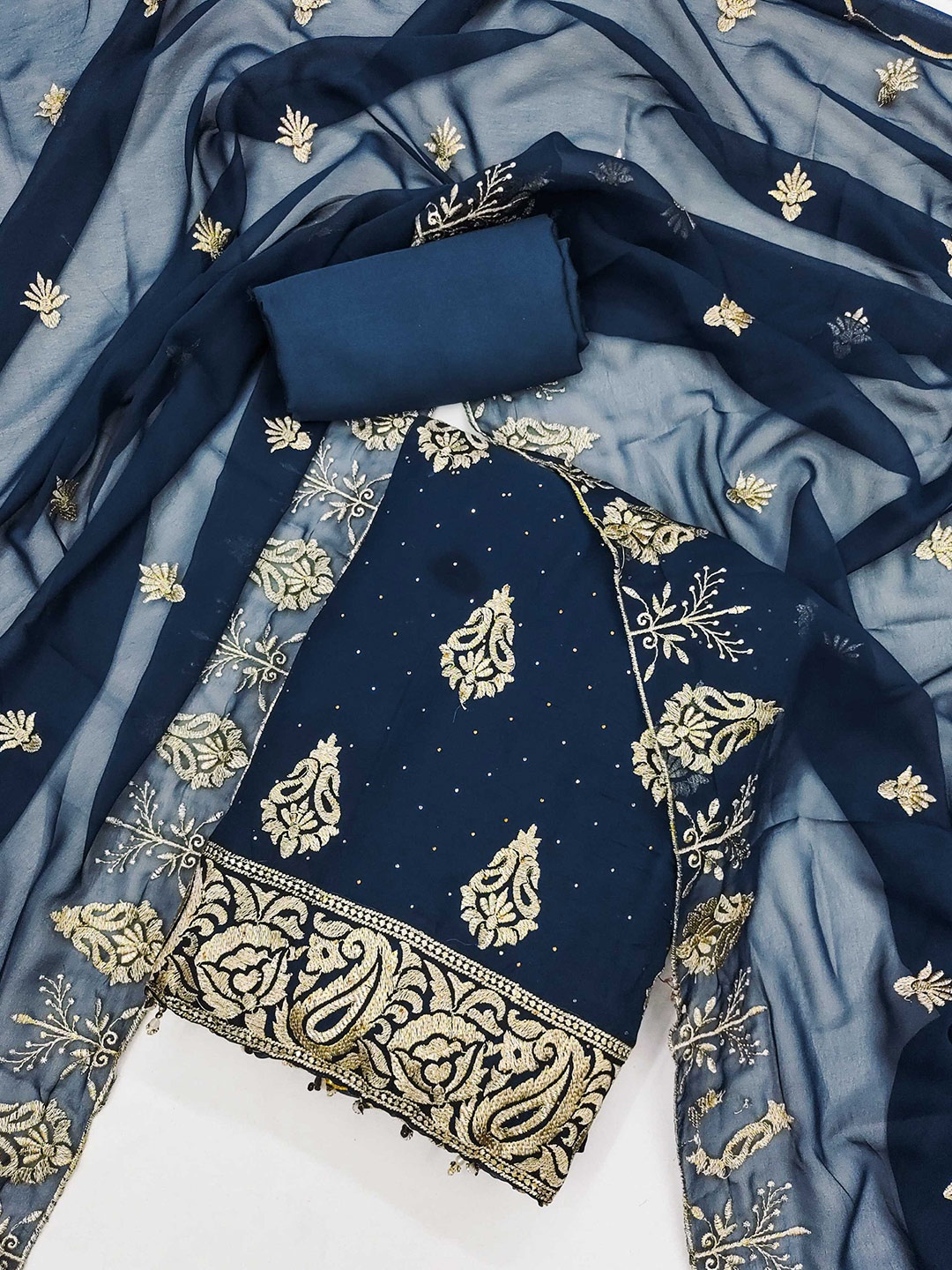 

Panzora Floral Embroidered Unstitched Dress Material, Teal
