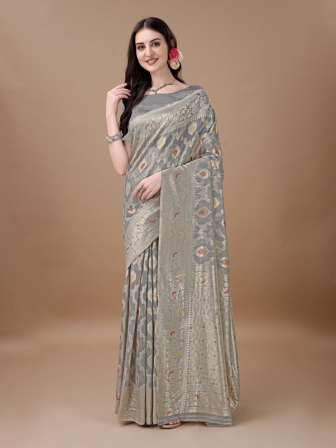 

MAGMINA Geometric Woven Design Zari Banarasi Saree, Grey