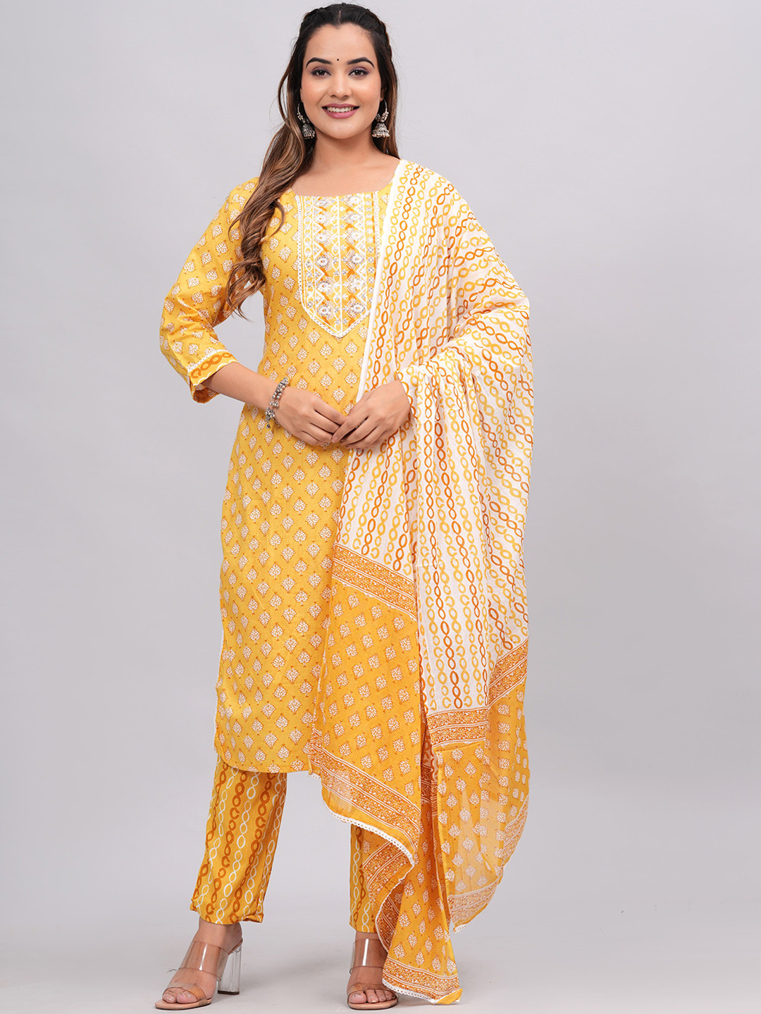 

KALINI Floral Printed Kurta & Trousers With Dupatta, Mustard