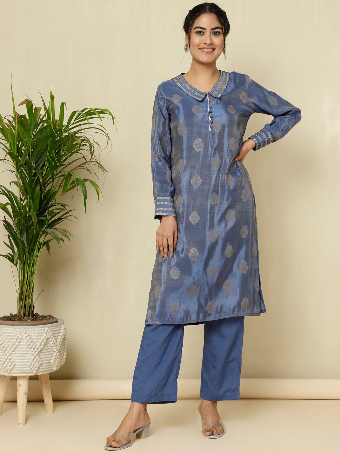 

Jaipur Kurti Pure Silk Jacquard Handwork Kurta With Palazzo, Blue