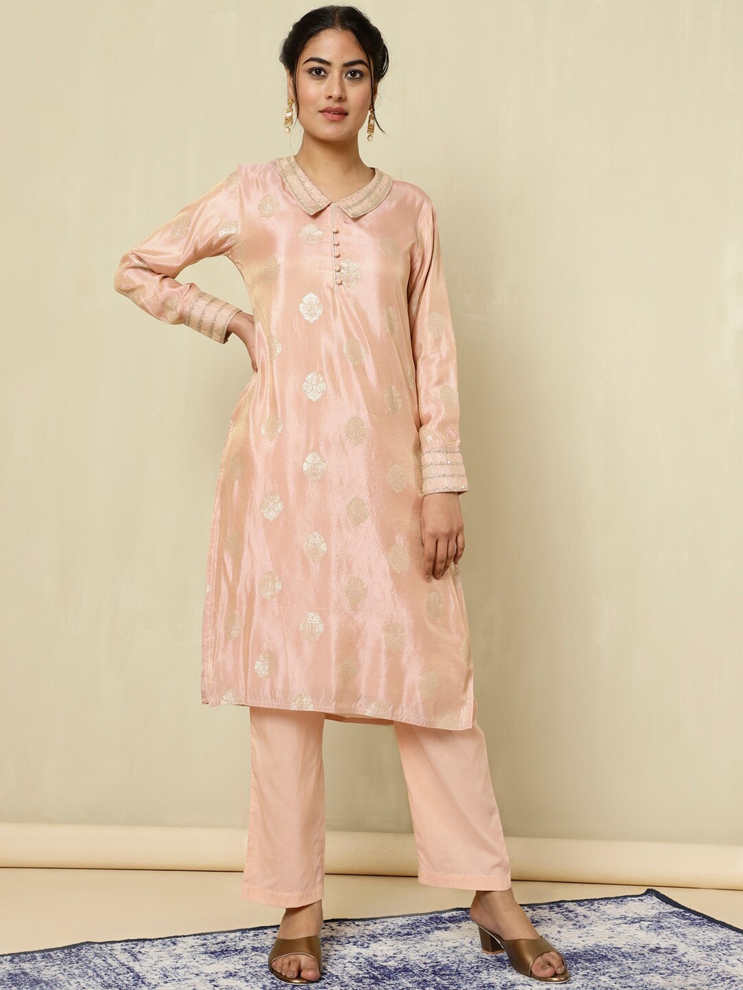 

Jaipur Kurti Pure Silk Jacquard Handwork Kurta With Palazzo, Peach