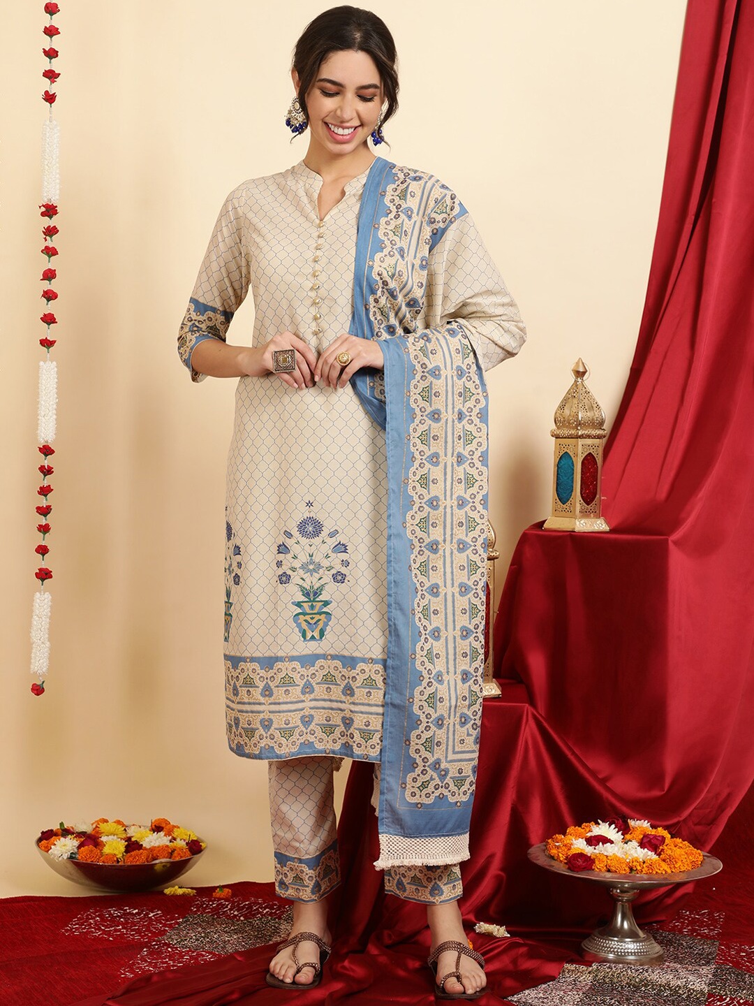 

Jaipur Kurti Ethnic Motif Printed Cotton Straight Kurta With Pants And Dupatta, Blue