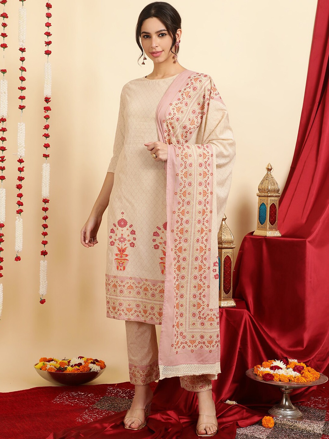 

Jaipur Kurti Ethnic Motifs Printed Regular Pure Cotton Kurta with Palazzos & With Dupatta, Mauve