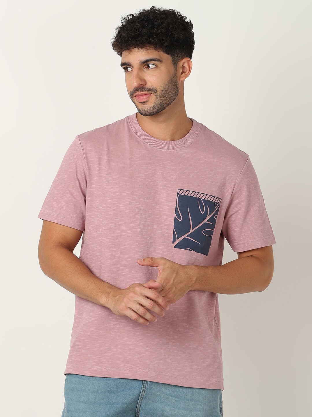 

R&B Printed Round Neck Short Sleeves Cotton T-shirt, Pink
