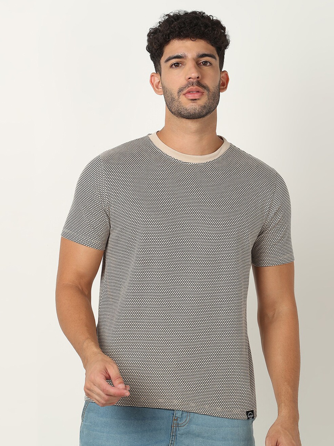 

R&B Striped Round Neck Short Sleeves Cotton T-shirt, Beige