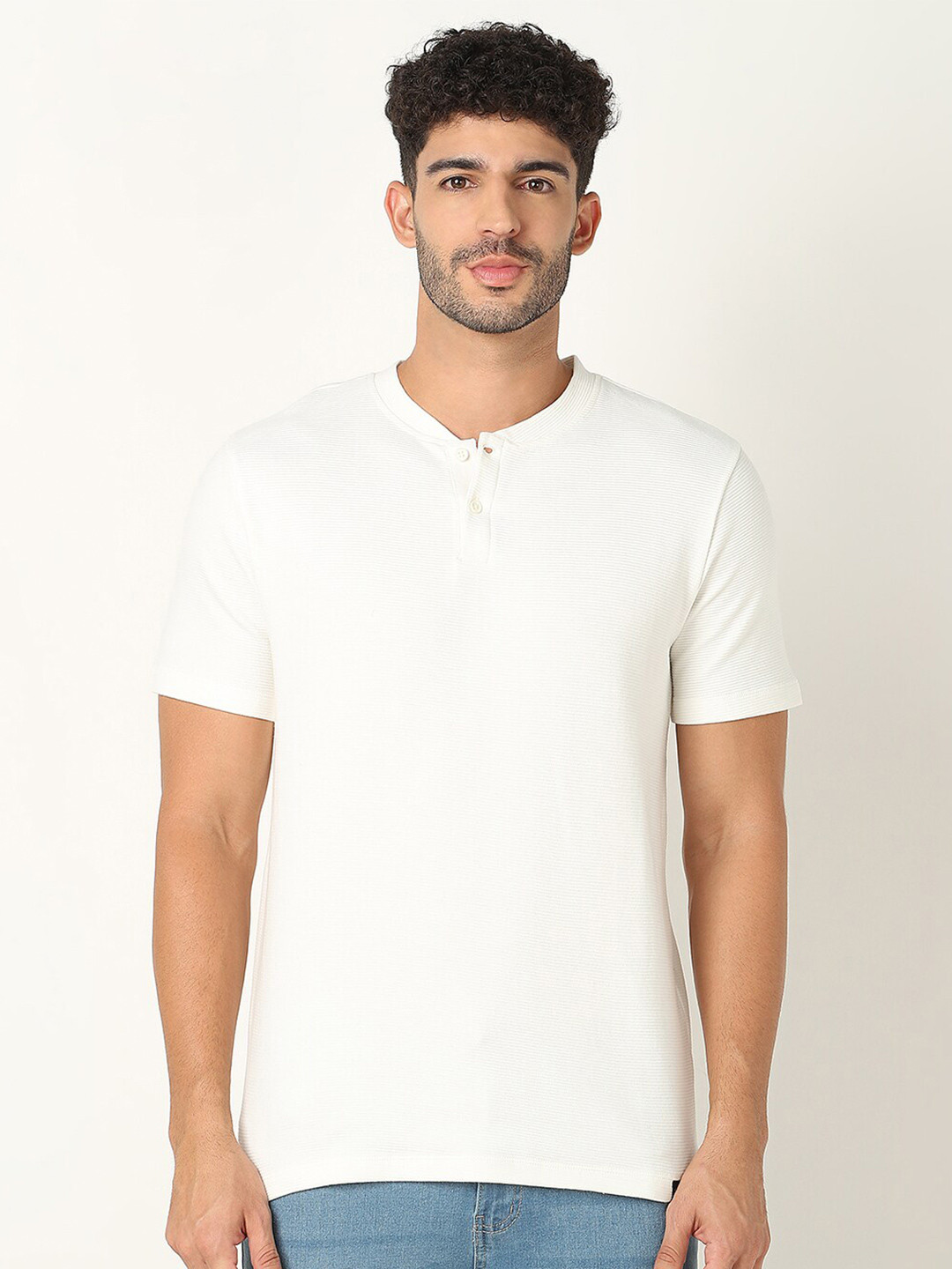 

R&B Henley Neck Short Neck Cotton T-shirt, White