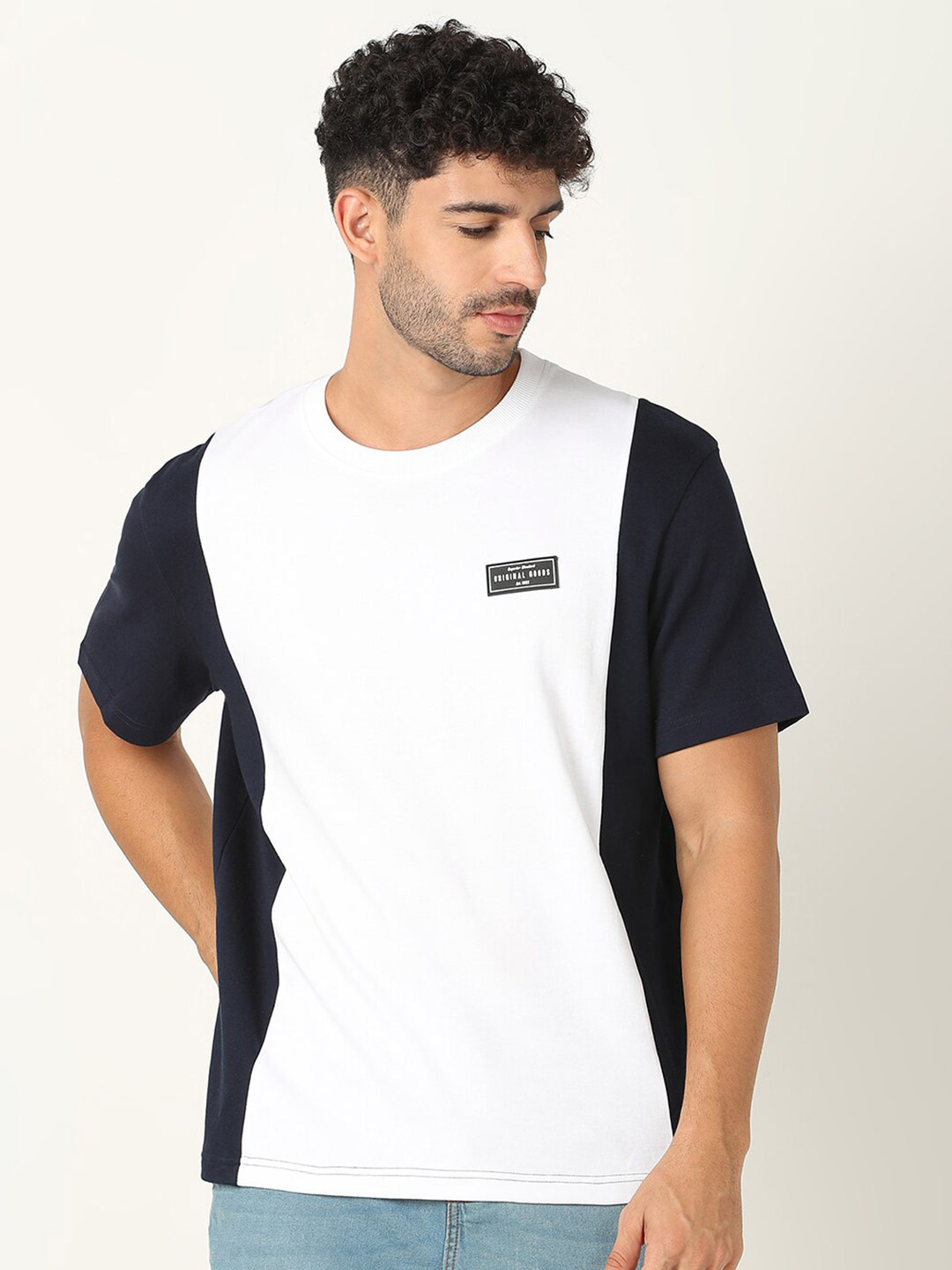 

R&B Colourblocked Round Neck Short Sleeves Cotton T-shirt, White